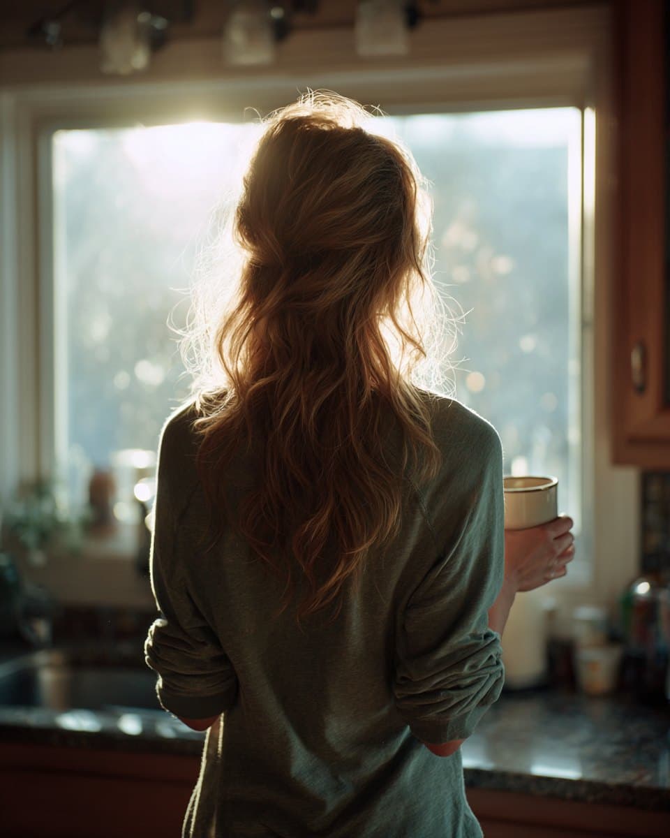 A woman standing at a kitchen window in early morning light, holding a mug in both hands, seen from behind.