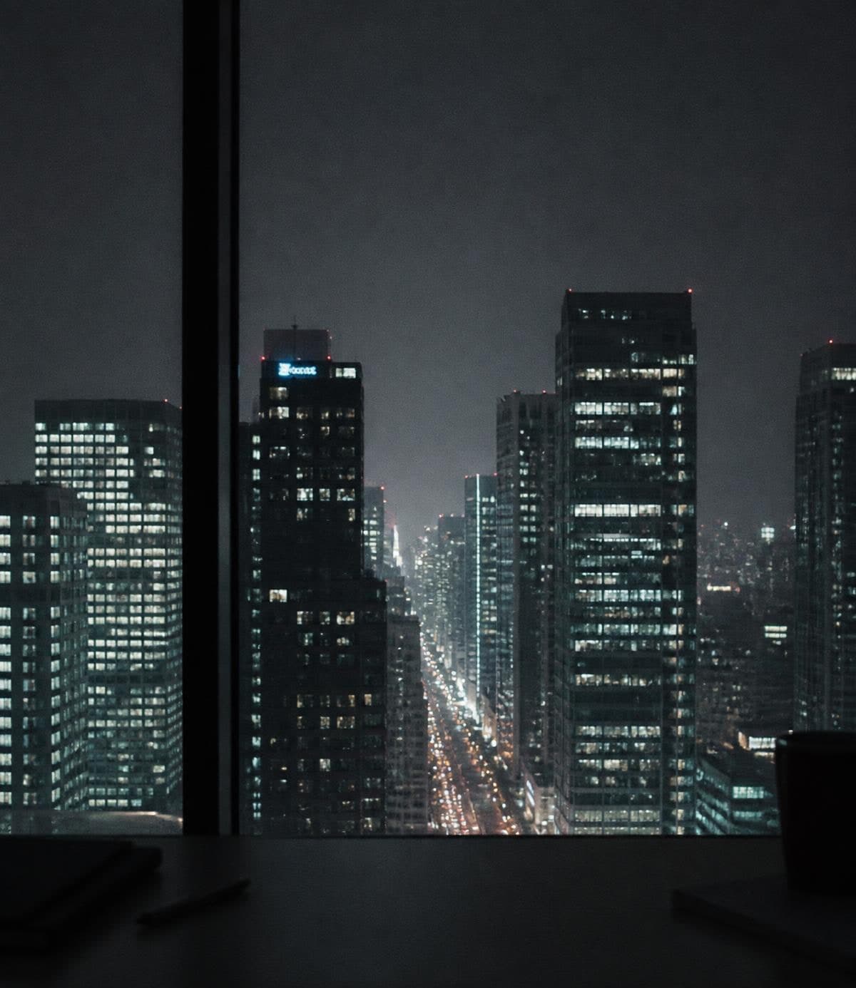 A city skyline at night seen through a window, lit blue and cold.